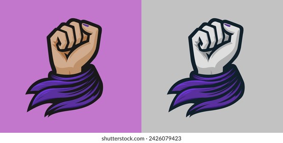 Female Raised Fist with Purple Kerchief, equality protest on women day