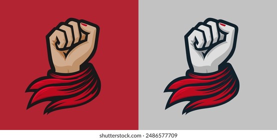 Female raised fist with red bandana scarf cloth, woman hand with rolled rag