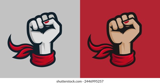 Female Raised Fist with Red Kerchief Scarf Cloth, vector illustration