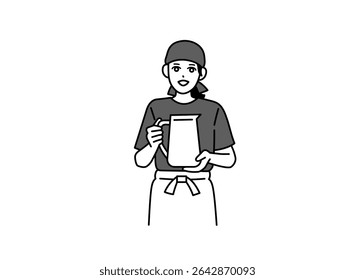 A female ramen shop attendant holding a pitcher of cold water