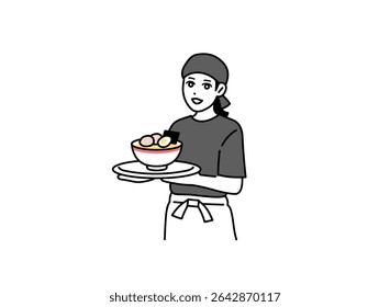 A female ramen shop attendant serving ramen