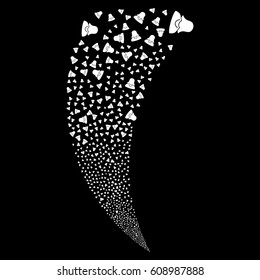 Female random fireworks stream. Vector illustration style is flat white iconic symbols on a black background. Object fountain created from scattered icons.
