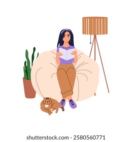 Female reader enjoying literature. Woman reading a book on a bean bag chair under a lamp. Vector illustration on white background