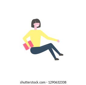 Female reader with magazine, vector isolated cartoon girl with textbook in hands. Woman in yellow sweater and black trousers sitting r and reading book