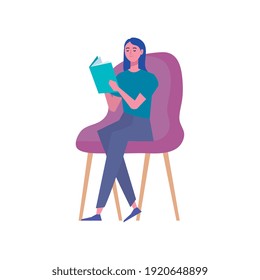 female reader reading book seated in chair character vector illustration design