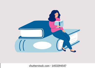 Female reader sits on pile of giant books and reads. Cartoon vector illustration with student or literature fan, professional career establishment basics.