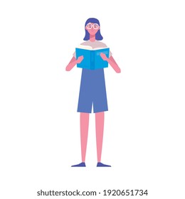 female reader standing reading book character vector illustration design