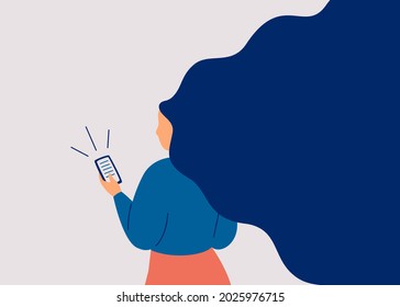 Female reads news on the mobile. Young woman surfing the internet on a smartphone. Girl communicating through the phone. Addiction from social media and the internet. Vector illustration