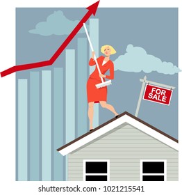 Female real estate agent attempting to bent house price graph upwards with a broom, EPS 8 vector illustration