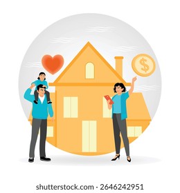 Agente imobiliária com um homem e seu filho conversando e negociando sobre a compra de uma nova casa. Conceito de corretor imobiliário.