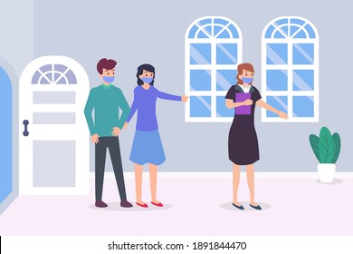 Female real estate agent showing house to a young couple 2D flat vector concept for banner, website, illustration, landing page, flyer, etc.