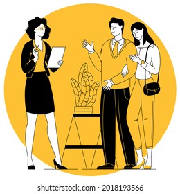 Female realtor showing young couple property for purchase or mortgage. Family make agreement with professional realtor. Flat vector cartoon illustration isolated on white