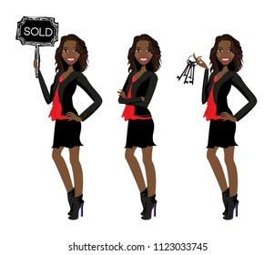 Female realtor standing in three poses, holding sign, arms crossed and holding keys