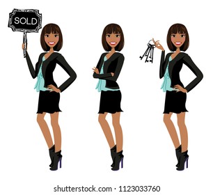 Female realtor standing in three poses, holding sign, arms crossed and holding keys