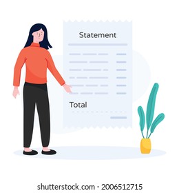 Female with receipt in flat illustration of mini statement 