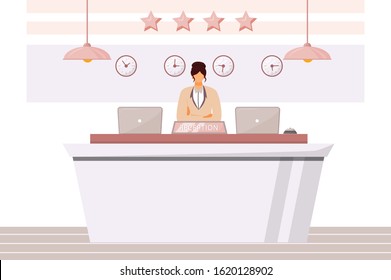 Female receptionist flat color vector illustration. Hotel waiting area, lobby. Front desk clerk, guest registration. Administrative support worker isolated cartoon character on white background