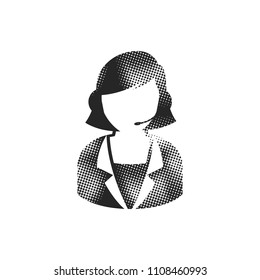 Female receptionist icon in halftone style. Black and white monochrome vector illustration.