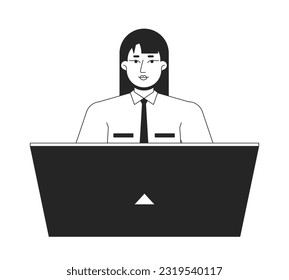 Female receptionist office worker flat line black white vector character. Editable outline half body person on white. Woman laptop work simple cartoon isolated spot illustration for web graphic design