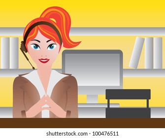 Female Receptionist Operator Help Desk with Computer Illustration