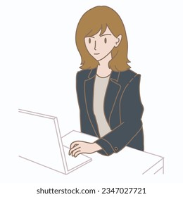 Female receptionist working, standing in front of computer screen at desk in lobby of hotel. Hand drawn flat cartoon character vector illustration.