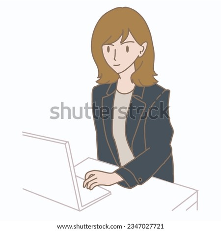 Female receptionist working, standing in front of computer screen at desk in lobby of hotel. Hand drawn flat cartoon character vector illustration.