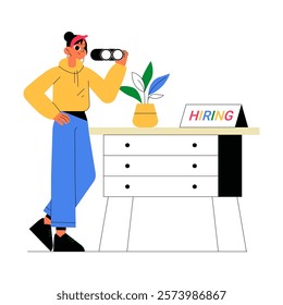 Female Recruiter Searching For Candidates With Binoculars In Flat Vector Illustration Symbolizing Job Search, Recruitment, And Talent Discovery, Isolated On White Background