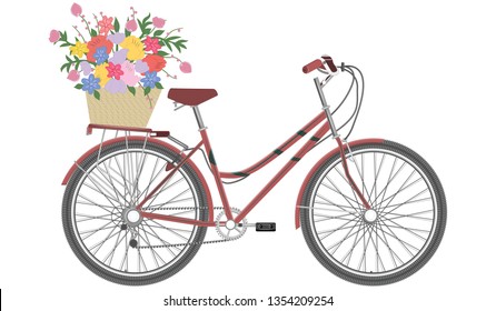 Female red bicycle - basket with a bouquet of bright flowers - isolated on white background - flat style - vector