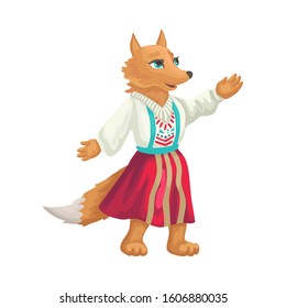 Female red fox in traditional dress standing on its paws. Cartoon animal. Isolated on white background. Flat style vector cartoon illustration.