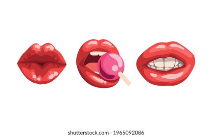 Female Red Glossy Lips Collection, Mouth with Various Expressions and Lollipop Vector Illustration