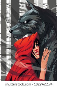 female in red hood and wolf vector illustration