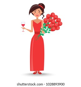 Female in red maxi dress and heeled shoes with wineglass of alcohol drink and bouquet of ruddy roses vector illustration