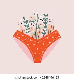 Female red panties stylized with flowers, plants. Women menstrual period. Intimate hygiene health. Hand Drawn vector illustration