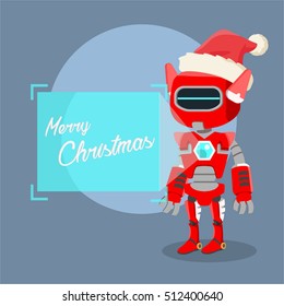 female red robot projecting merry christmas