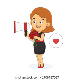 female with red rose and megaphone,Valentines day