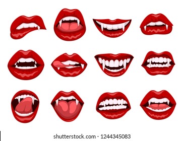 Female red vampire lips with bite fangs. Mouth with long pointed canine teeth. Vector flat style cartoon illustration isolated on white background