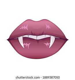 Los labios de vampiros rojos de las mujeres con colmillos de mordida. Los labios rojos con largos dientes caninos puntiagudos y la saliva sangrienta expresan emociones diferentes.