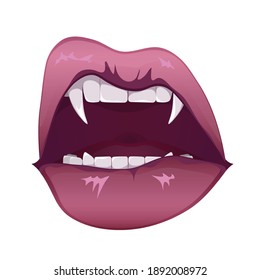 Weibliche rote Vampirlippen mit beigefarbenen Fangzähnen. rote Lippen mit langen spitzen Kaninenzähnen