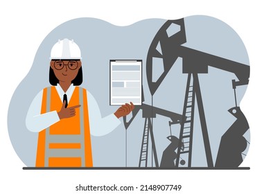 A female refinery engineer worker uses a tableted oil pumping unit. Energy industrial zone, oil drilling. Vector flat illustration