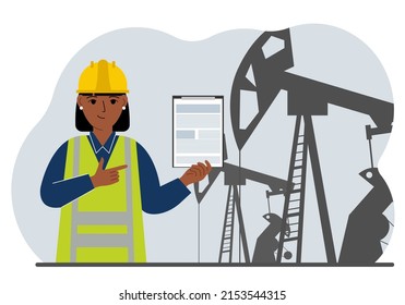 Una trabajadora de ingeniería de refinerías utiliza una unidad de bombeo de aceite en mesa. Zona industrial energética, perforación petrolera. Ilustración plana del vector
