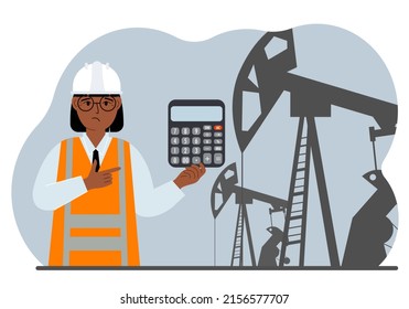 A female refinery engineer worker uses a tableted oil pumping unit. Energy industrial zone, oil drilling. Vector flat illustration