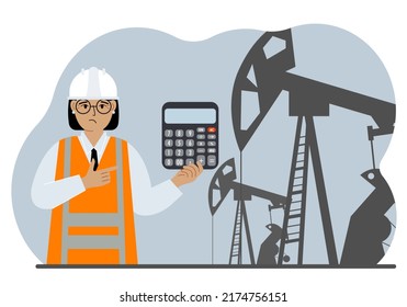 A female refinery engineer worker uses a tableted oil pumping unit. Energy industrial zone, oil drilling. Vector flat illustration