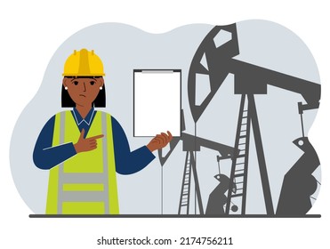 A female refinery engineer worker uses a tableted oil pumping unit. Energy industrial zone, oil drilling. Vector flat illustration