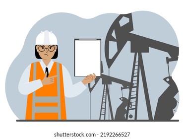 A female refinery engineer worker uses a tableted oil pumping unit. Energy industrial zone, oil drilling. Vector flat illustration