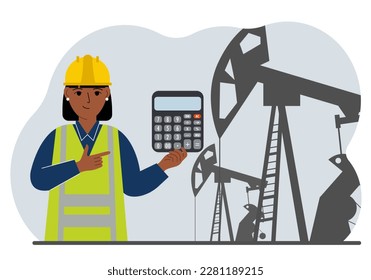 A female refinery engineer worker uses a tableted oil pumping unit. Energy industrial zone, oil drilling. Vector flat illustration