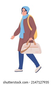 Female refugee with bag running away from war semi flat color vector character. Crying figure. Full body person on white. Simple cartoon style illustration for web graphic design and animation