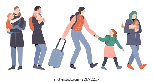 Female refugees with kids and pets, running away, carrying babies, pulling suitcases, fleeing from country, escaping war conflict, cartoon characters collection, vector illustrations isolated on white