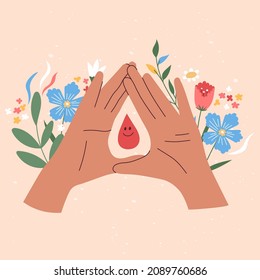 Female regular menstrual cycle concept. Menstrual period, menstruation, premenstrual syndrome, overies vector illustrations. Hand draw female hands and a blood drop with flowers.