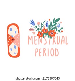 Almohadilla menstrual normal femenina, concepto de ciclo. Periodo femenino, menstruación, síndrome premenstrual, útero. Ilustraciones vectoriales de dibujo manual.
