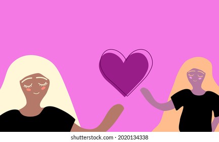 Female relationships flat vector illustration, blond hair women holding heart together on purple background. Valentines day postcard, celebrate love, happiness, advertising design, covers, posters.