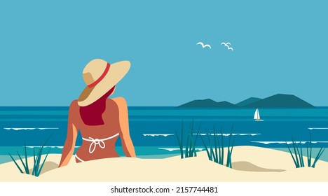 Female Relax On Sea Sand Beach Travel Vector Poster. Summer Seaside Blue Ocean Scenic View Background. Hand Drawn Pop Art Retro Style. Holiday Vacation Sea Tourist Travel Leisure Trip Illustration